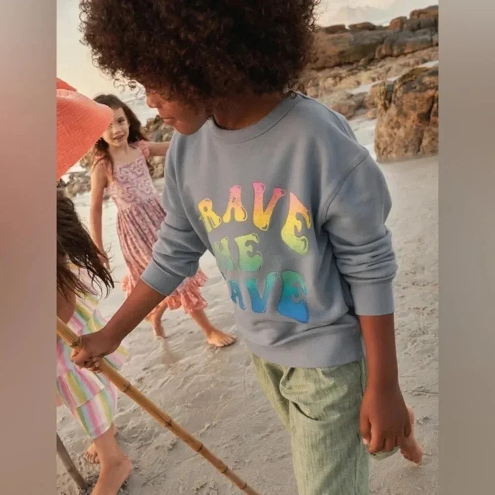 New BODEN Logo Graphic Sweatshirt  Brave The Wave Kids 13-14y 164cm Pebble Blue